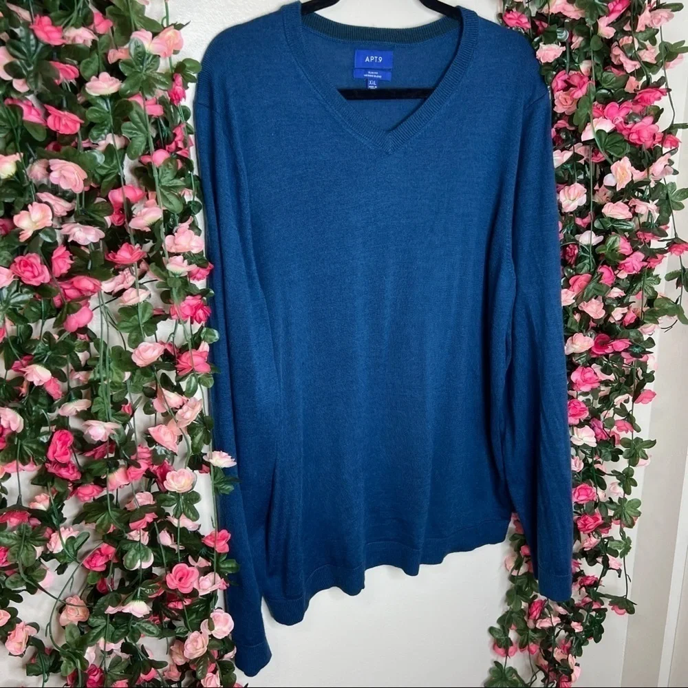 Apt.9 Blue V-Neck Merino Wool Sweater Mens 2XL Casual Business Work Office